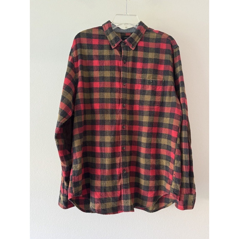 Vintage J.Crew Shirt Plaid Red Black Flannel Wool Blend Suede Elbow Patch